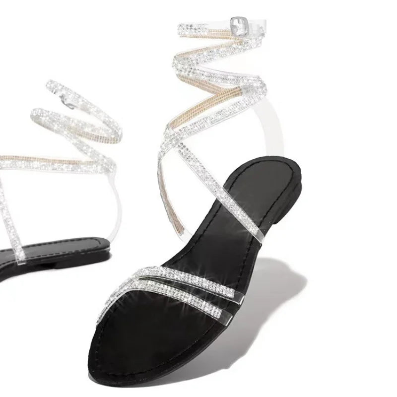 Open Toe - Rhinestone Ankle Cross Strap Flat Sandals