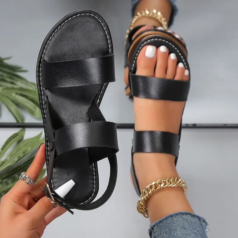 Flat Sandals - Leather Cross Strap Rome Style