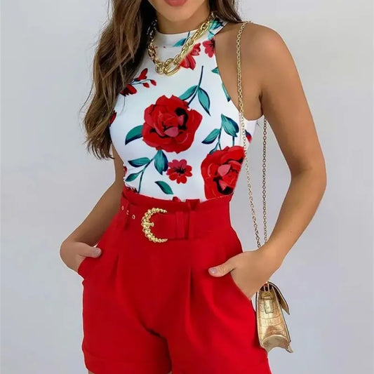 Summer Two Piece Set - Sleeveless Floral Vest Shirts + Short Pants