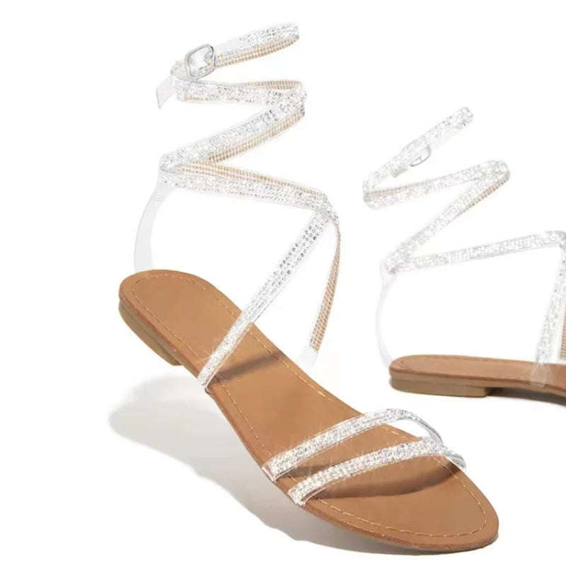 Open Toe - Rhinestone Ankle Cross Strap Flat Sandals